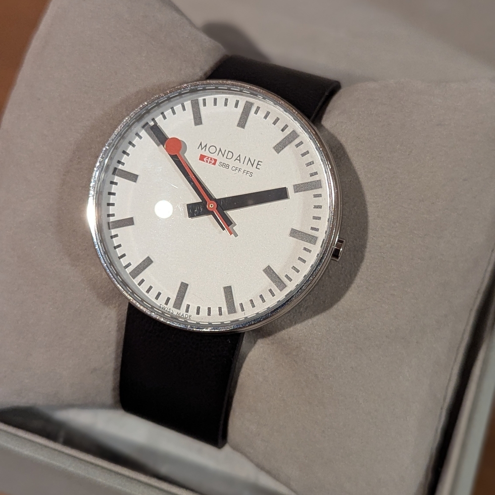 Mondaine Classic White Dial Black Leather Watch